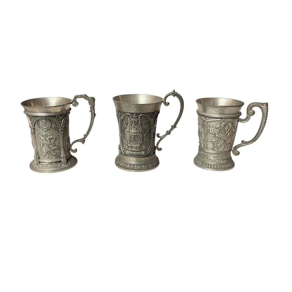 Zinn Vintage Set of 3 Pewter Shot Glass Tankard Ornate Handle Collectible Cup OS